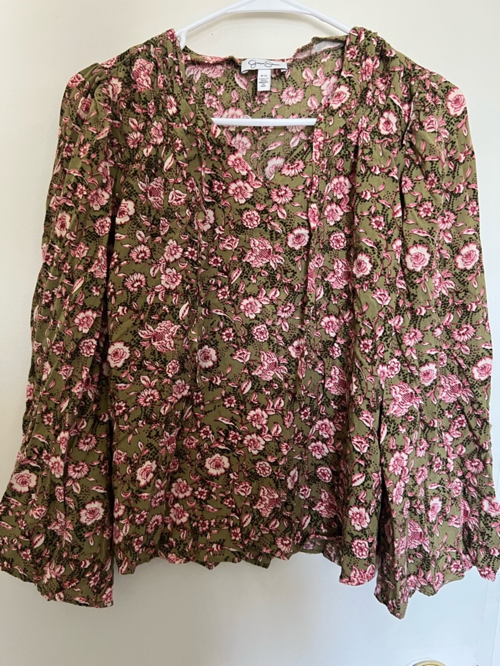 Jessica Simpson Olive Green Blouse with Pink Floral Print